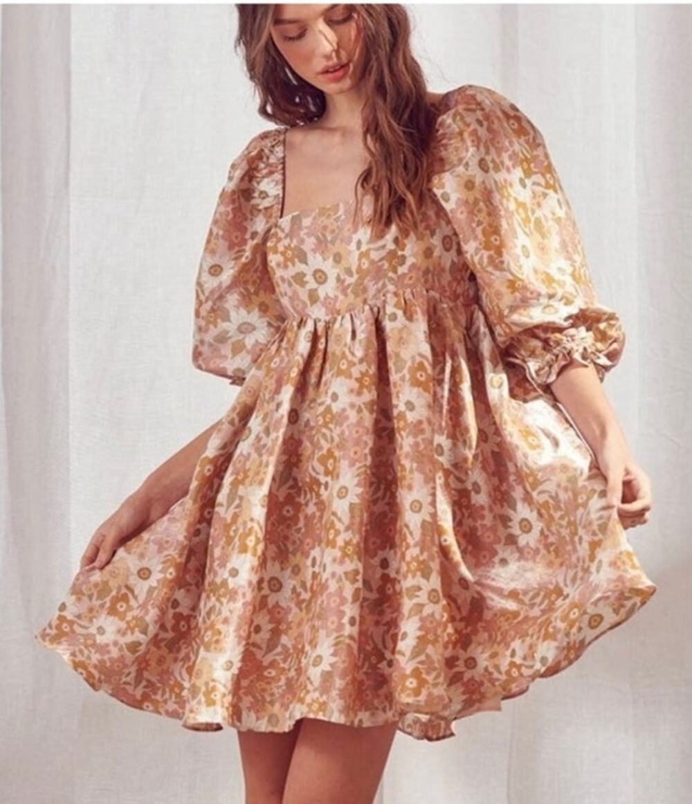 STORIA Metallic Floral Puff Sleeve Babydoll Mini Dress